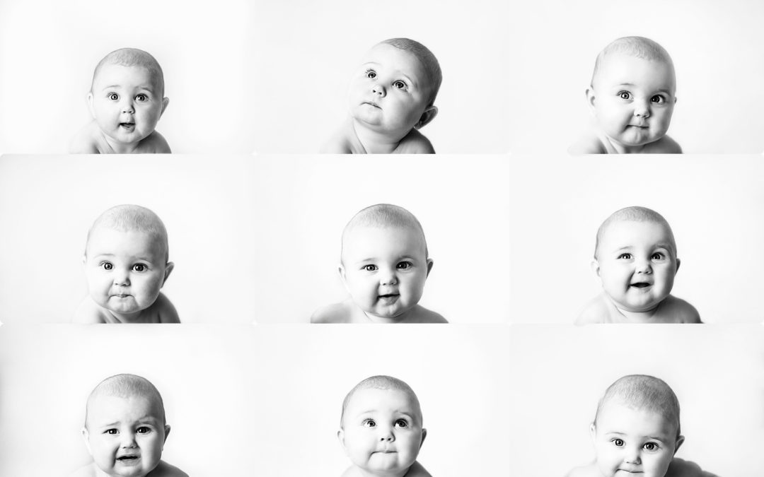 A 6 month old's various expressions are pictured. Cedar Rapids child photographer Ali Kerr Photography